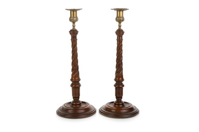 Lot 594 - PAIR OF MAHOGANY CANDLESTICKS