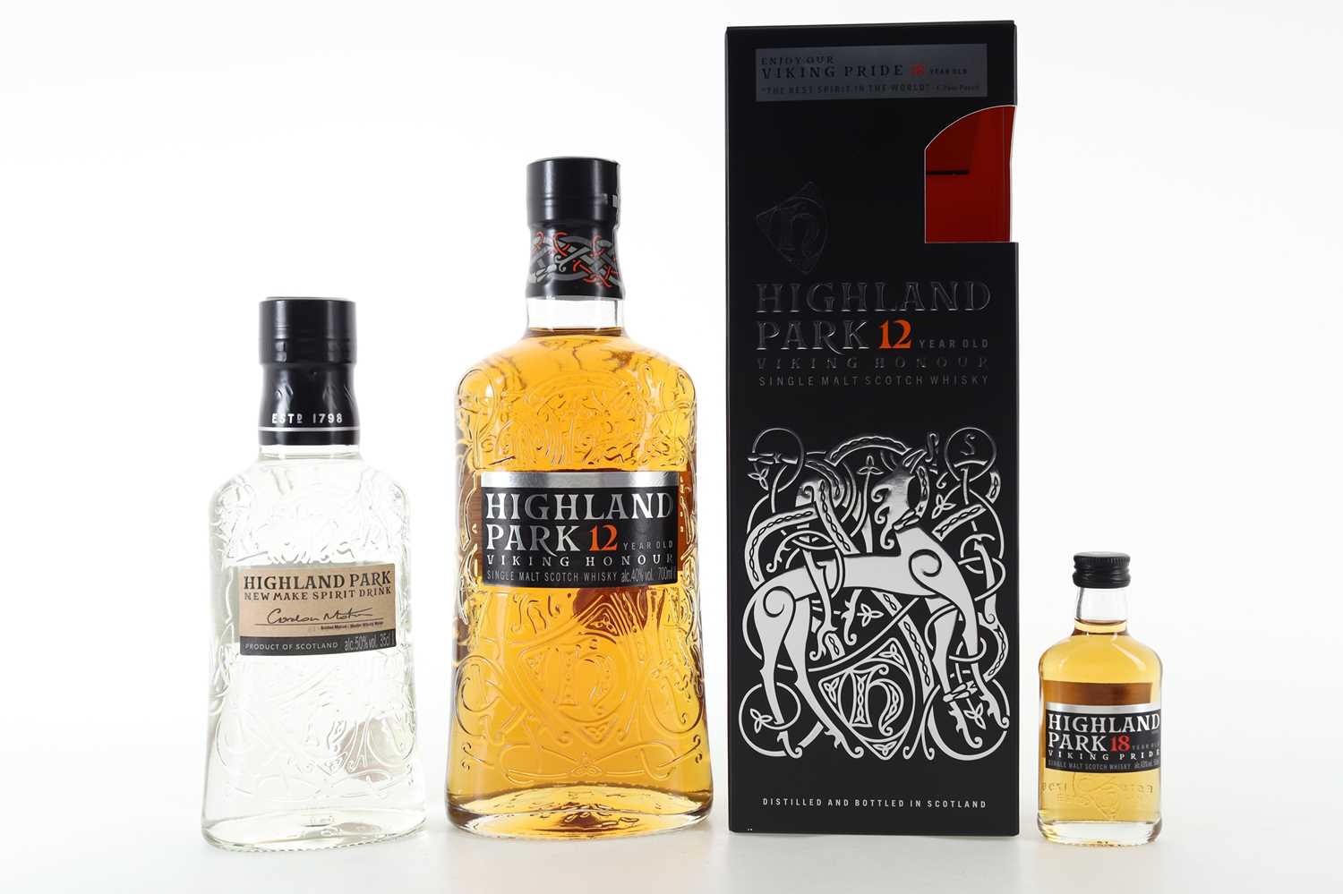Lot 163 - HIGHLAND PARK 12 YEAR OLD WITH 18 YEAR OLD MINIATURE AND NEW MAKE SPIRIT 35CL
