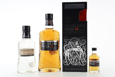 Lot 163 - HIGHLAND PARK 12 YEAR OLD WITH 18 YEAR OLD MINIATURE AND NEW MAKE SPIRIT 35CL
