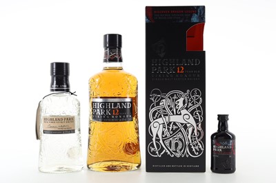 Lot 290 - HIGHLAND PARK 12 YEAR OLD WITH DRAGON LEGEND MINIATURE AND NEW MAKE SPIRIT 35CL