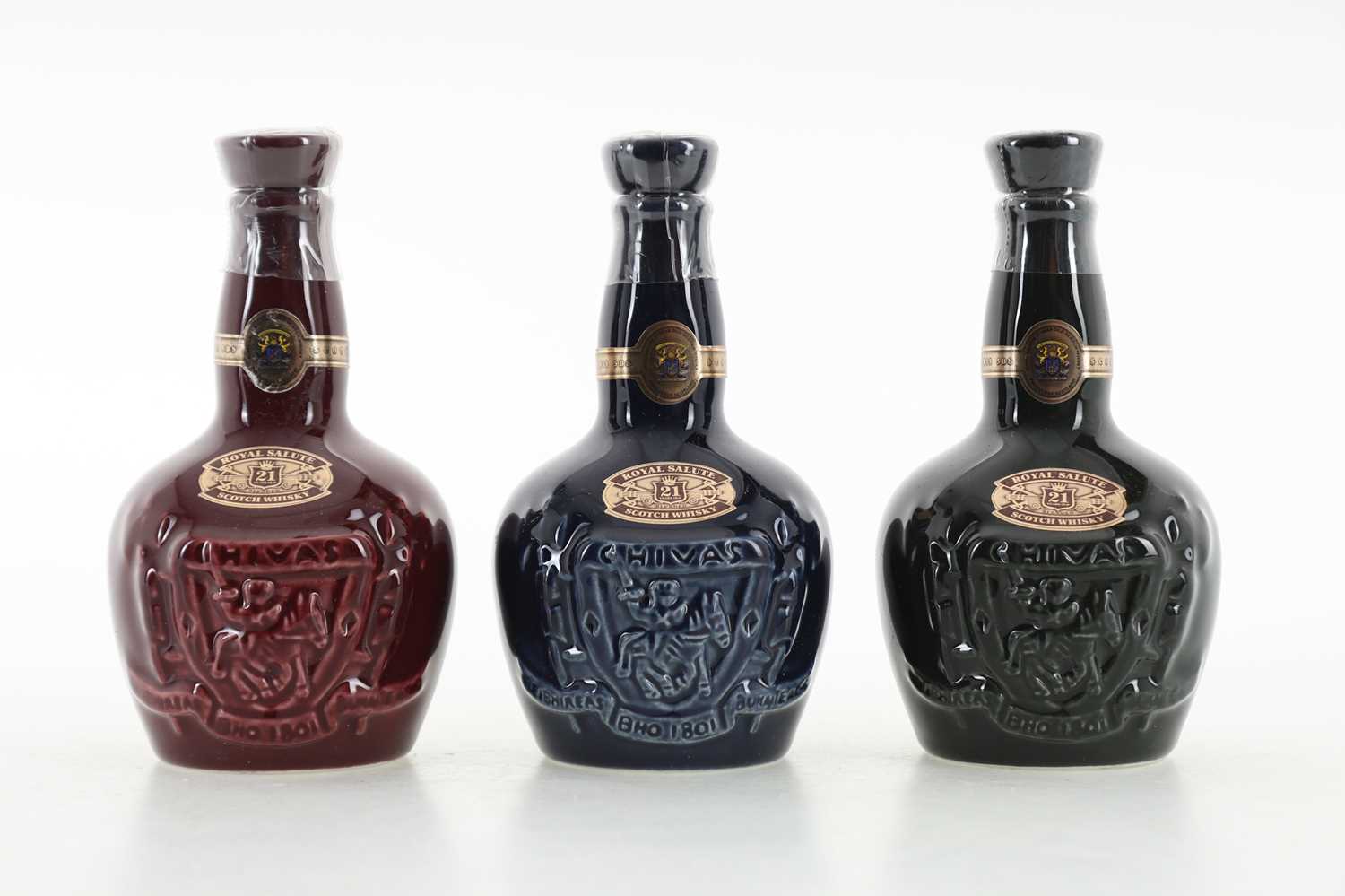 Lot 231 - CHIVAS ROYAL SALUTE 21 YEAR OLD MINIATURE DECANTERS - SAPPHIRE, RUBY AND EMERALD