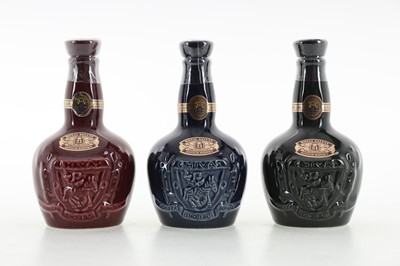 Lot 231 - CHIVAS ROYAL SALUTE 21 YEAR OLD MINIATURE DECANTERS - SAPPHIRE, RUBY AND EMERALD