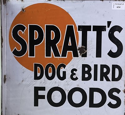 Lot 634 - 'SPRATT'S' DOG & BIRD FOODS, ENAMEL DOUBLE SIDED WALL BRACKET ADVERTISEMENT SIGN