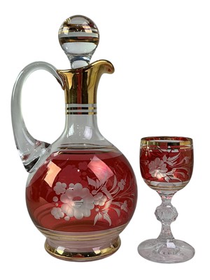 Lot 220 - BOHEMIAN CRANBERRY GLASS WINE DECANTER