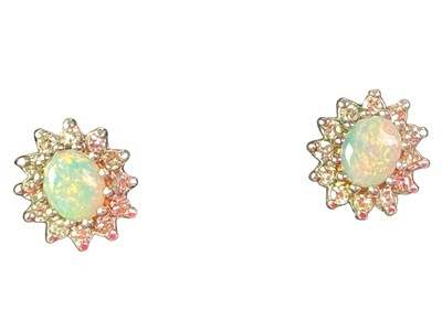 Lot 384 - PAIR OF OPAL AND DIAMOND CLUSTER EARRINGS