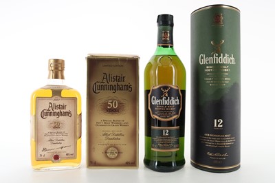 Lot 212 - GLENFIDDICH 12 YEAR OLD 1L AND ALISTAIR CUNNINGHAM'S 50 YEARS 75CL