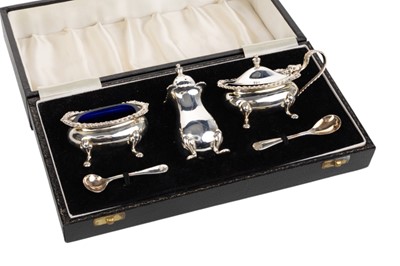 Lot 990 - SILVER THREE PIECE CRUET SET
