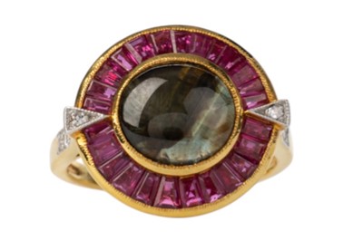 Lot 597 - BLACK SAPPHIRE, RUBY AND DIAMOND RING