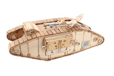 Lot 91 - GROUP OF SCRATCHBUILT MILITARY THEMED WOODEN MODEL VEHICLES