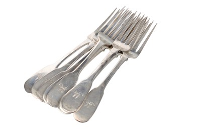 Lot 996 - SET OF NINE GEORGE III SCOTTISH SILVER TABLE FORKS
