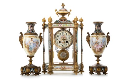 Lot 1011 - FRENCH GILT METAL AND PORCELAIN CLOCK GARNITURE