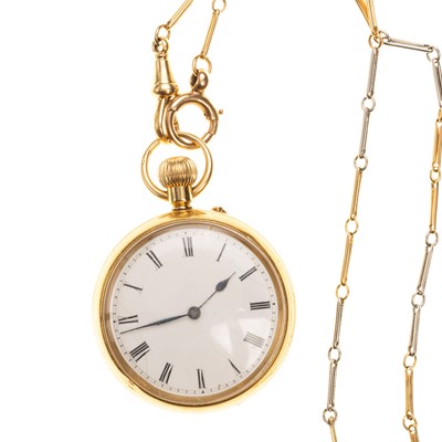 Lot 879 - EIGHTEEN CARAT GOLD POCKET WATCH AND CHAIN