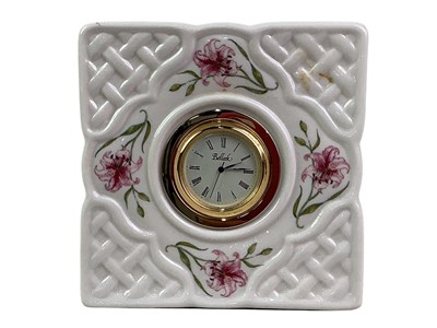 Lot 184 - BELLEEK PORCELAIN TABLE CLOCK