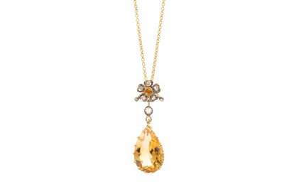 Lot 739 - CITRINE, YELLOW SAPPHIRE AND DIAMOND PENDANT.