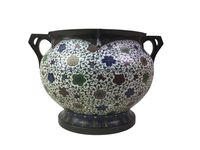 Lot 1388 - JAPANESE BRONZE AND CHAMPLEVE ENAMEL TWIN HANDLED PLANTER