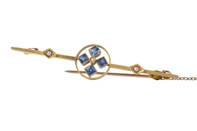 Lot 779 - SAPPHIRE AND SEED PEARL BAR BROOCH