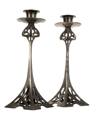 Lot 422 - PAIR OF ART NOUVEAU WHITE METAL CANDLESTICKS