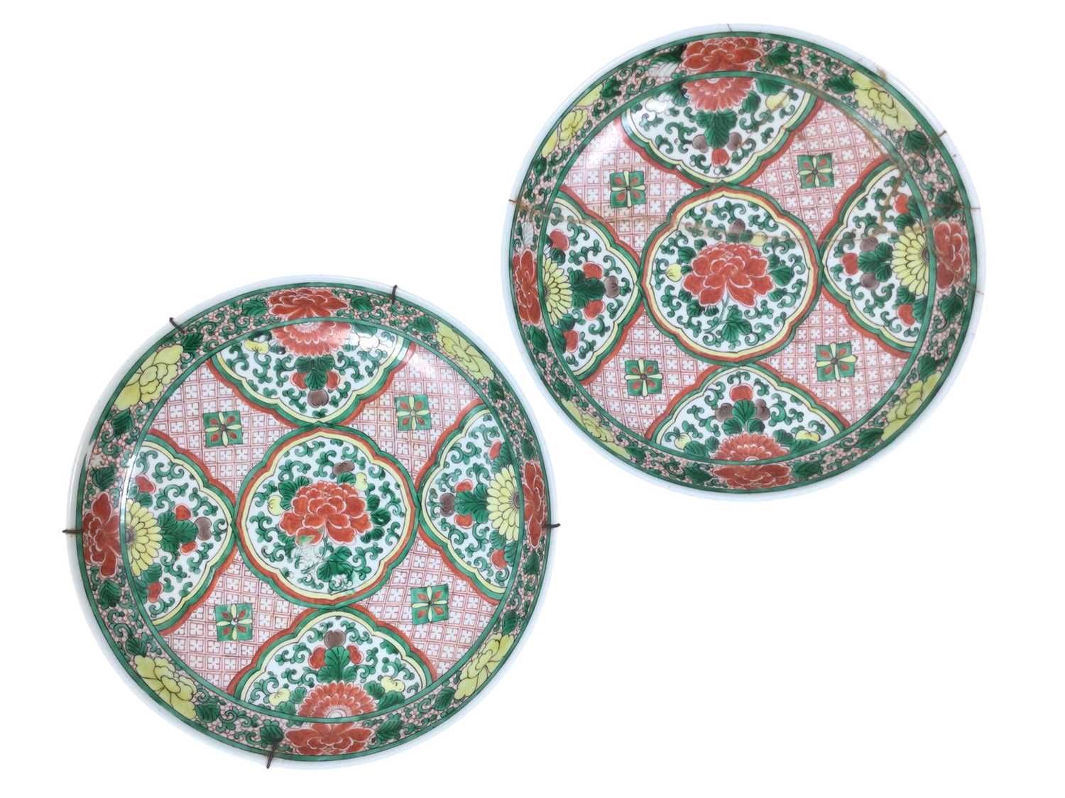 Lot 1406 - PAIR OF CHINESE FAMILLE VERTE CHARGERS
