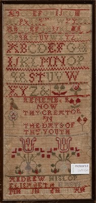 Lot 1291 - VICTORIAN ALPHABETICAL AND PICTORIAL NEEDLEWORK SAMPLER