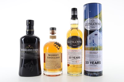 Lot 431 - GLENGOYNE 10 YEAR OLD JOLOMO, HIGHLAND PARK DOLPHINS AND MONKEY SHOULDER
