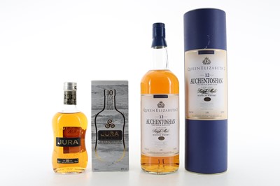 Lot 476 - AUCHENTOSHAN 12 YEAR OLD QE2 1L AND JURA 10 YEAR OLD ORIGIN 35CL