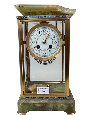 Lot 394 - FRENCH BRASS, CLOISONNÉ AND ONYX MANTEL CLOCK