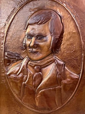 Lot 398 - COPPER RELIEF DECORATED FIGURAL PLAQUE