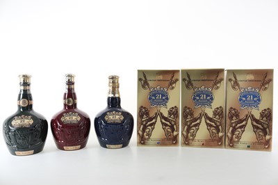 Lot 240 - CHIVAS ROYAL SALUTE 21 YEAR OLD RUBY, EMERALD AND SAPPHIRE DECANTERS