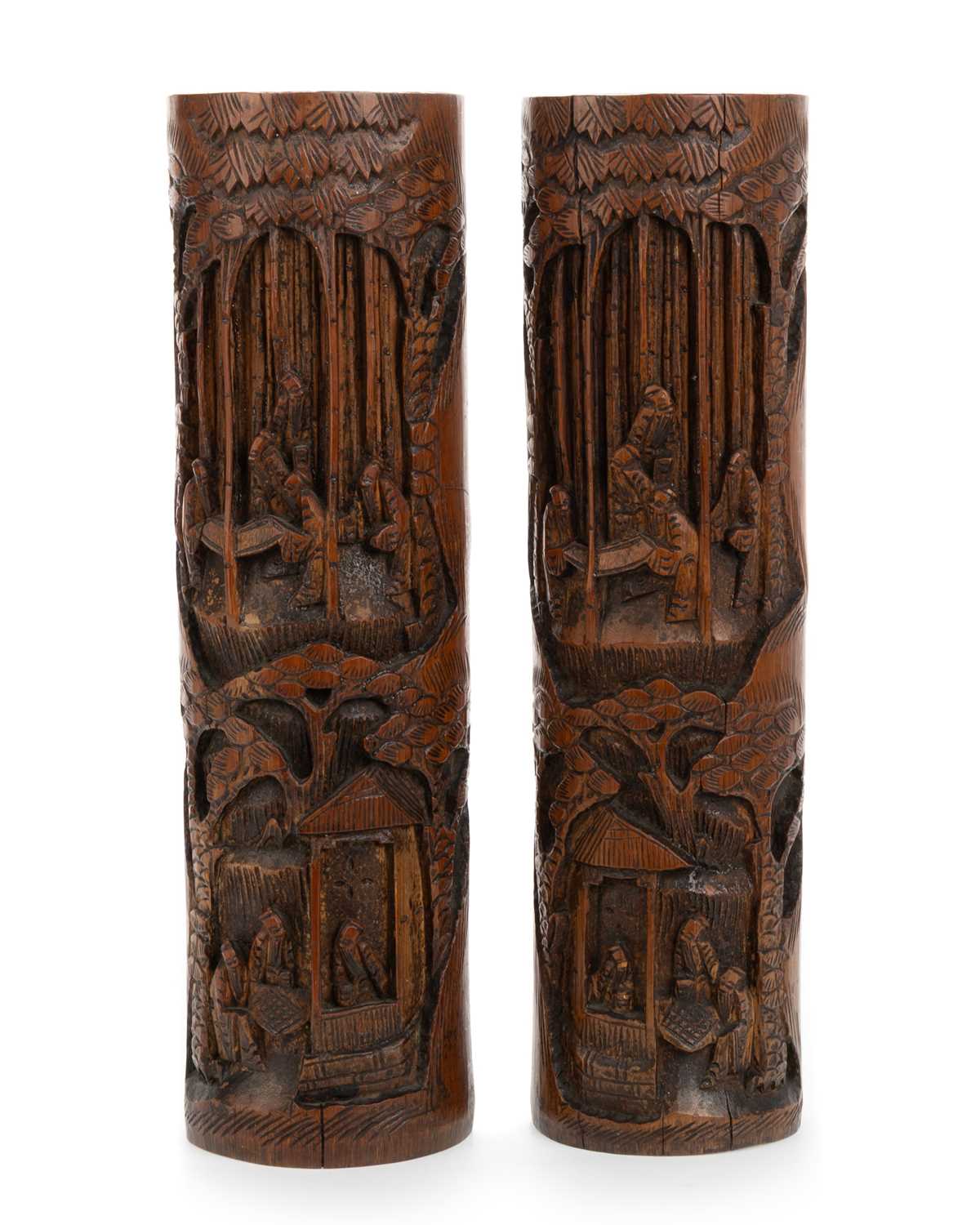 Lot 1445 - TWO CHINESE CARVED BAMBOO BRUSH POTS
