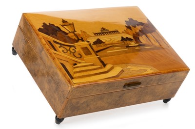 Lot 1831 - FRENCH-POLISHED MUSICAL MARQUETRY WORK BOX