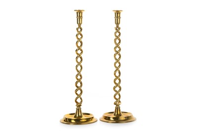 Lot 1497 - PAIR OF VICTORIAN BRASS TABLE CANDLESTICKS