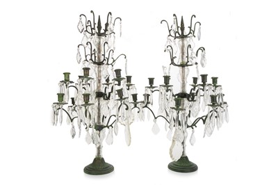 Lot 1538 - PAIR OF CAST-BRONZE AND CUT GLASS GIRANDOLES