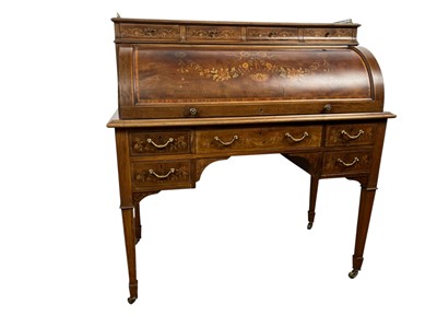Lot 1240 - EDWARDIAN INLAID MAHOGANY CYLINDER BUREAU