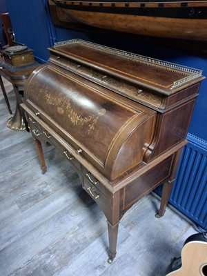 Lot 1240 - EDWARDIAN INLAID MAHOGANY CYLINDER BUREAU