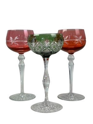 Lot 608 - COLLECTION OF BOHEMIA STYLE AND OTHER COLOURED STEM GLASSES