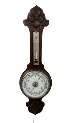 Lot 630 - VICTORIAN ANEROID BAROMETER WITH THERMOMETER