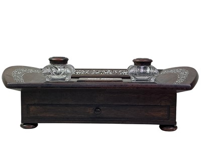 Lot 666 - VICTORIAN ROSEWOOD AND MOTHER OF PEARL INKSTAND