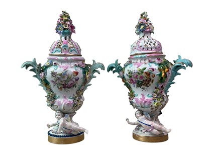 Lot 698 - PAIR OF CERAMIC LIDDED URNS