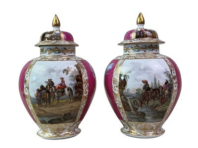 Lot 66 - PAIR OF DRESDEN LIDDED URNS