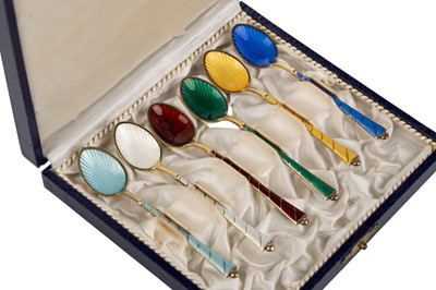 Lot 1086 - SET OF SIX SCANDINAVIAN SILVER AND ENAMEL SPOONS