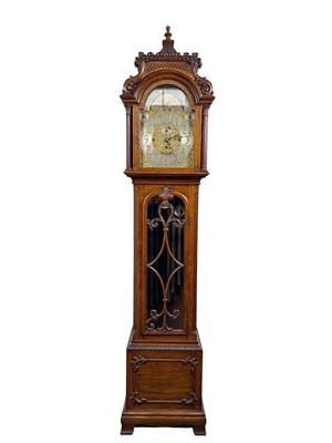 Lot 1068 - LARGE AND IMPRESSIVE OAK LONGCASE CLOCK