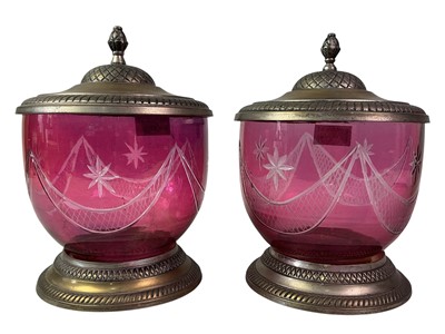 Lot 22 - PAIR OF CRANBERRY GLASS JARS