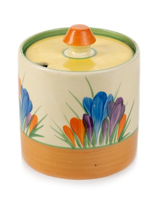 Lot 583 - CLARICE CLIFF DRUM SHAPE PRESERVE POT AND COVER