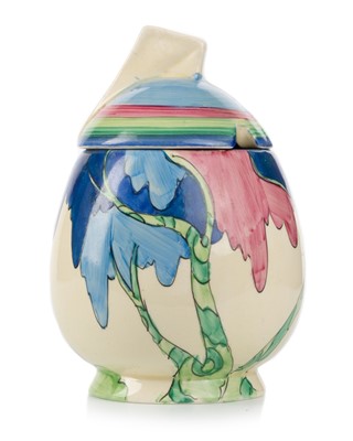 Lot 592 - CLARICE CLIFF DAFFODIL SHAPE PRESERVE POT AND COVER