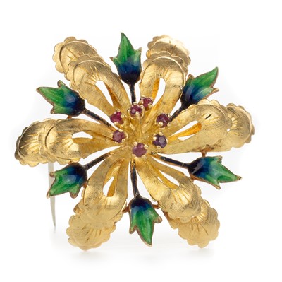 Lot 401 - RUBY AND ENAMEL GOLD FLOWER BROOCH