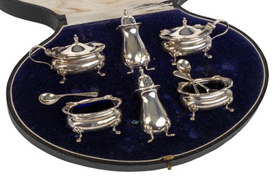 Lot 1164 - GEORGE V SILVER SIX PIECE CRUET SET