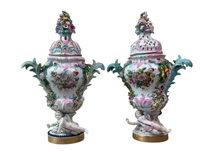 Lot 41 - PAIR OF GERMAN PORCELAIN LIDDED URNS