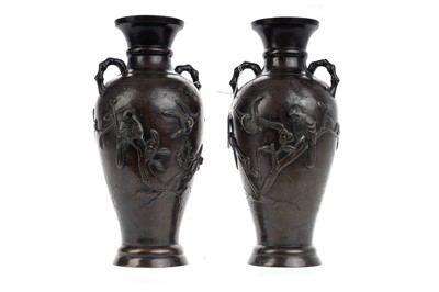 Lot 1629 - PAIR OF JAPANESE TWIN HANDLED BRONZE VASES