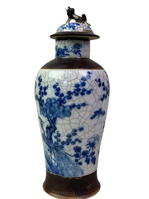 Lot 124 - CHINESE BLUE AND WHITE CRACKLEGLAZE VASE AND COVER