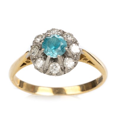 Lot 428 - BLUE ZIRCON AND DIAMOND CLUSTER RING